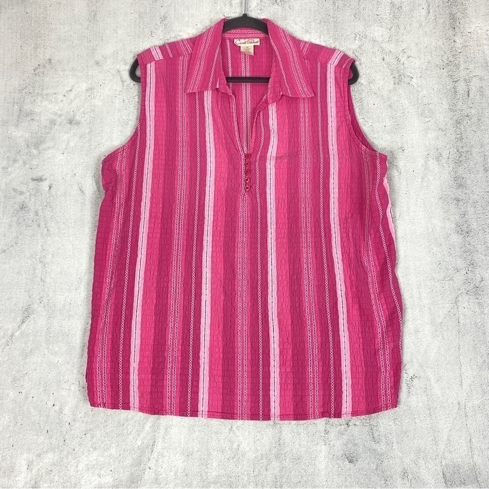 Carroll Reed Sleeveless Top Sz 1X Cotton Pink Seersucker  Popover V Neck